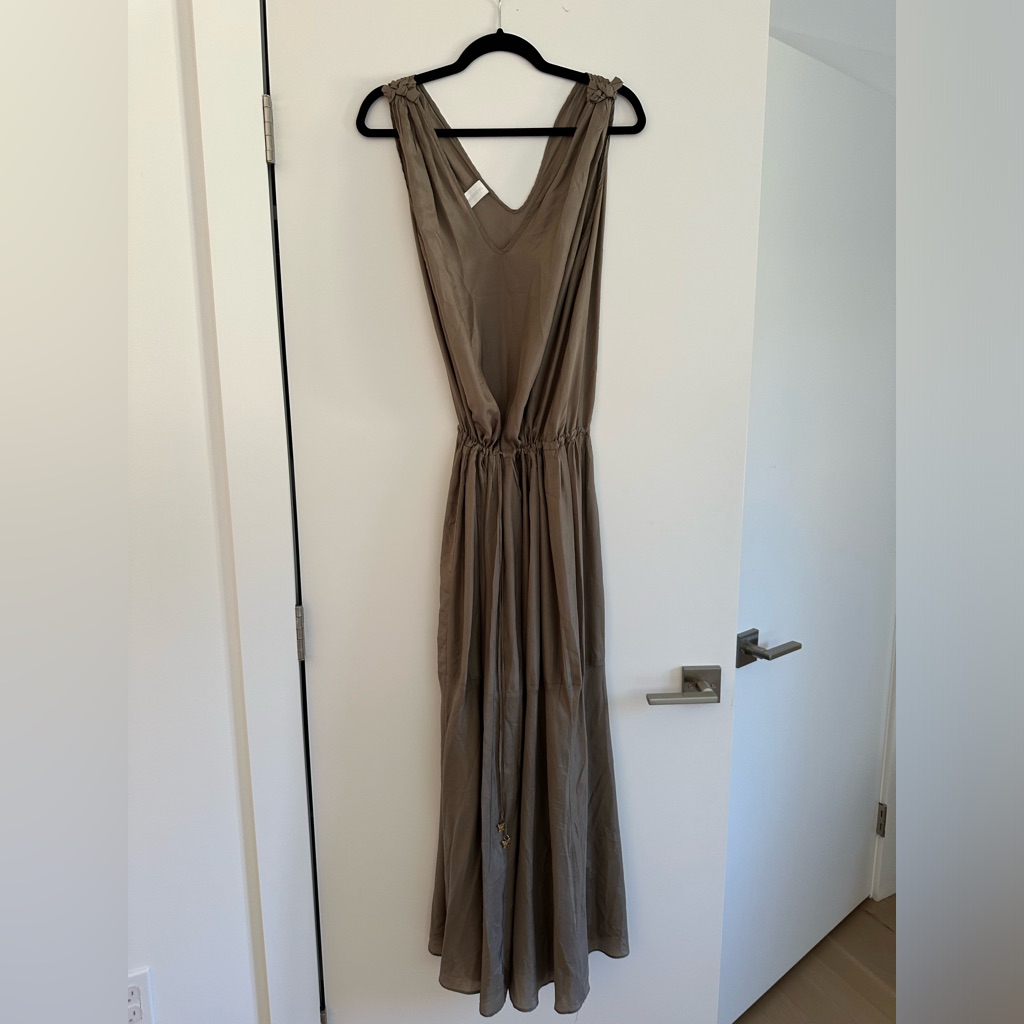 Zimmermann 100% Silk Drop Waisted Long Maxi Dress In Khaki Green